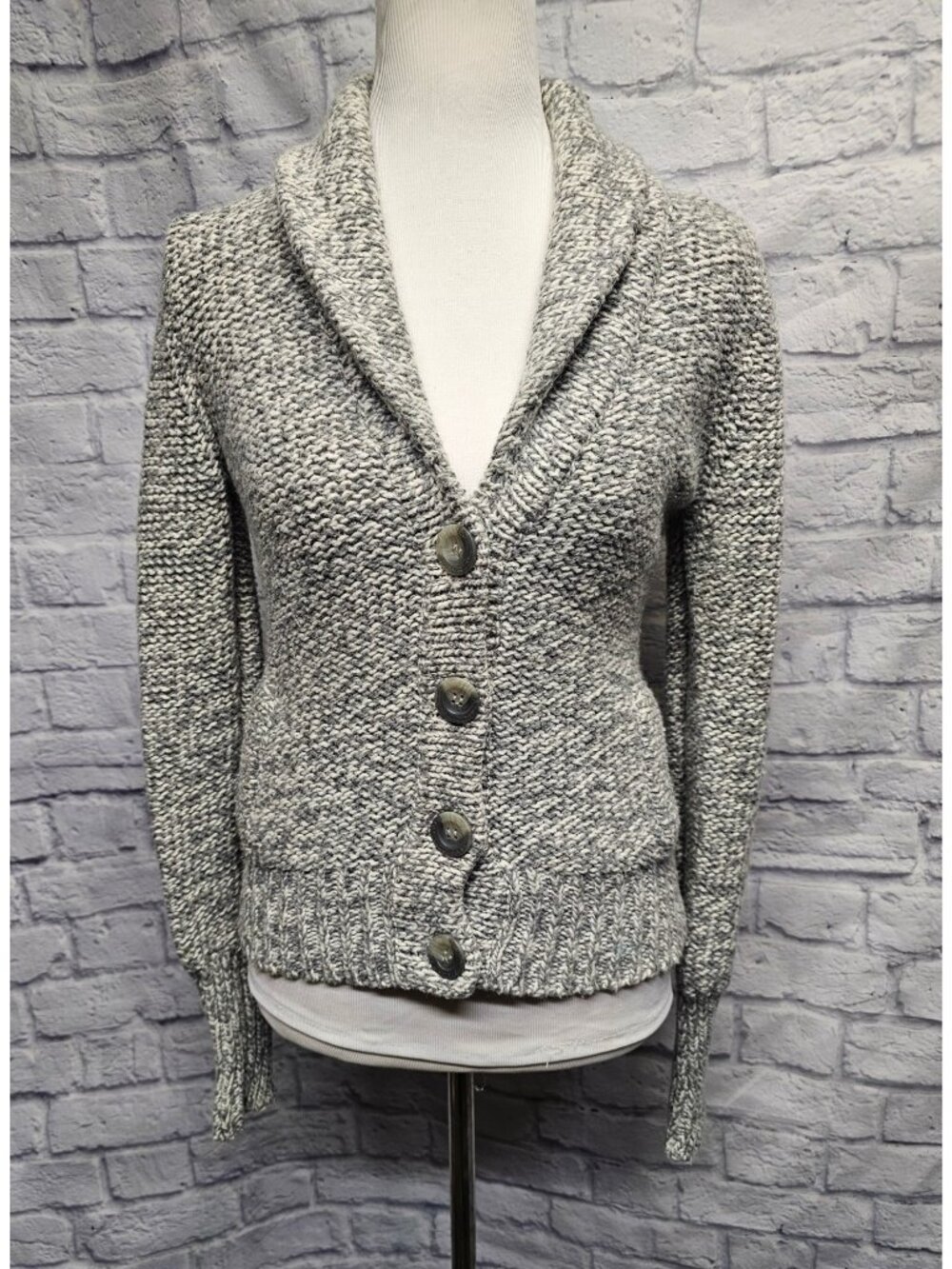 American Eagle S Gray White Y2K Button Shawl Collar Pocket Sweater Cardigan